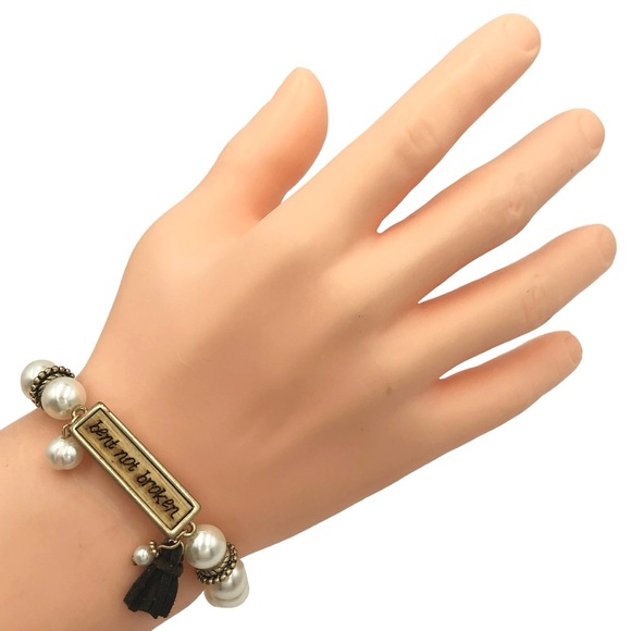 BENT NOT BROKEN Worded Burned Wood Faux Pearl Stretch Bracelet - Picture 2 of 2
